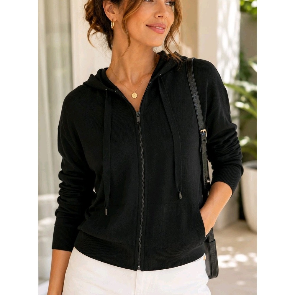 Michael Kors Black Knit Zip Up Hoodie Sweater XS NWT Stretch Lightweight $175